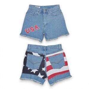 Vintage USA American Flag Denim Jean Shorts Fringe Rare Size 30 Hot Pants